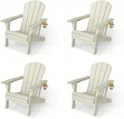 Kingdura Folding Adirondack Chairs Set of 4, Portable HDPE Outdoor Patio Chair with Wooden Textured & Cup Holder, All Weather Resistant, 380LBS Capacity for Pool, Backyard, Balcony, Fire Pit (White)