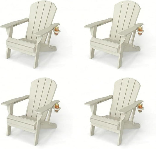 Kingdura Folding Adirondack Chairs Set of 4, Portable HDPE Outdoor Patio Chair with Wooden Textured & Cup Holder, All Weather Resistant, 380LBS Capacity for Pool, Backyard, Balcony, Fire Pit (White)