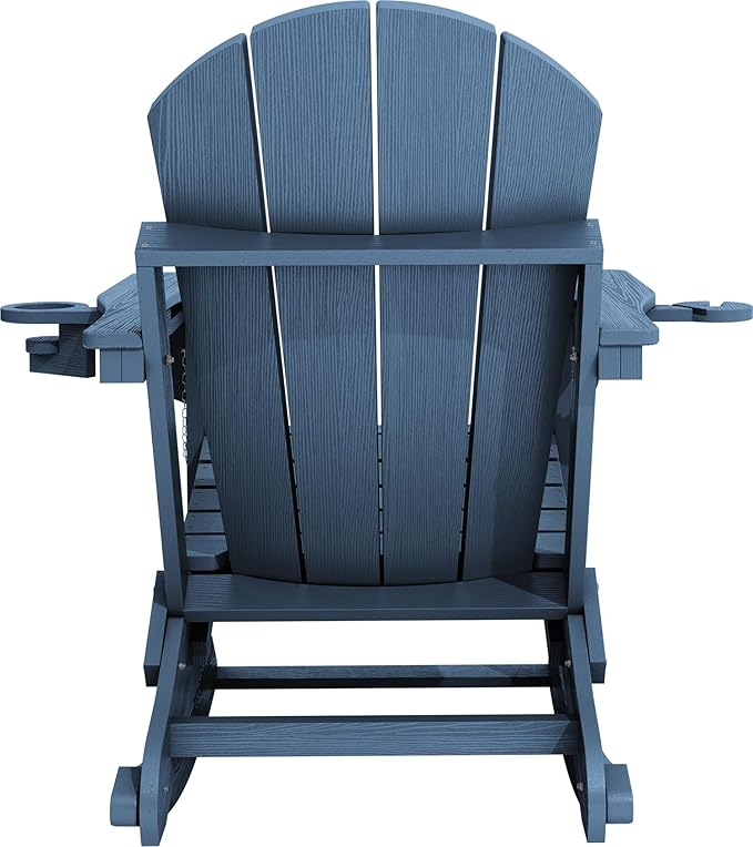 KINGYES Adirondack Rocking Chair Set of 4 with Retractable Ottoman and Cup Holders, HDPE Adirondack Rocker Patio Rocking Chair for Porch, Patio, Balcony, Deep Blue