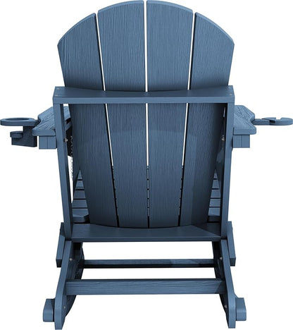 KINGYES Adirondack Rocking Chair Set of 4 with Retractable Ottoman and Cup Holders, HDPE Adirondack Rocker Patio Rocking Chair for Porch, Patio, Balcony, Deep Blue