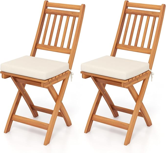 HAPPYGRILL Folding Patio Chairs Set Acacia Wood Outdoor Dining Chairs with Slatted Backrests and Soft Seat Cushions for Porch, Backyard and Garden, 400 LBS Weight Capacity (2,Back Style B)