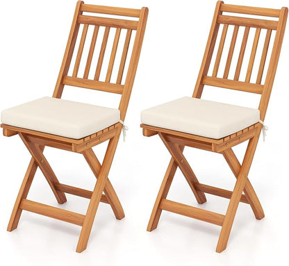HAPPYGRILL Folding Patio Chairs Set Acacia Wood Outdoor Dining Chairs with Slatted Backrests and Soft Seat Cushions for Porch, Backyard and Garden, 400 LBS Weight Capacity (2,Back Style B)