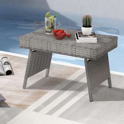 ReunionG Outdoor Patio Wicker Table, Portable Folding Table with Rattan and Steel Frame, Leisure Coffee Table, All Weather Standing Side Table for Lawn Garden, Courtyard, Poolside (Grey)