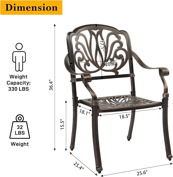 VINGLI Outdoor Dining Chairs Set of 4 Aluminum Patio Chairs, Cast Aluminum Patio Furniture Aluminum Outdoor Chairs for Backyard, Poolside, Balcony Bronze (4, Elizabeth Back Without Cushion)