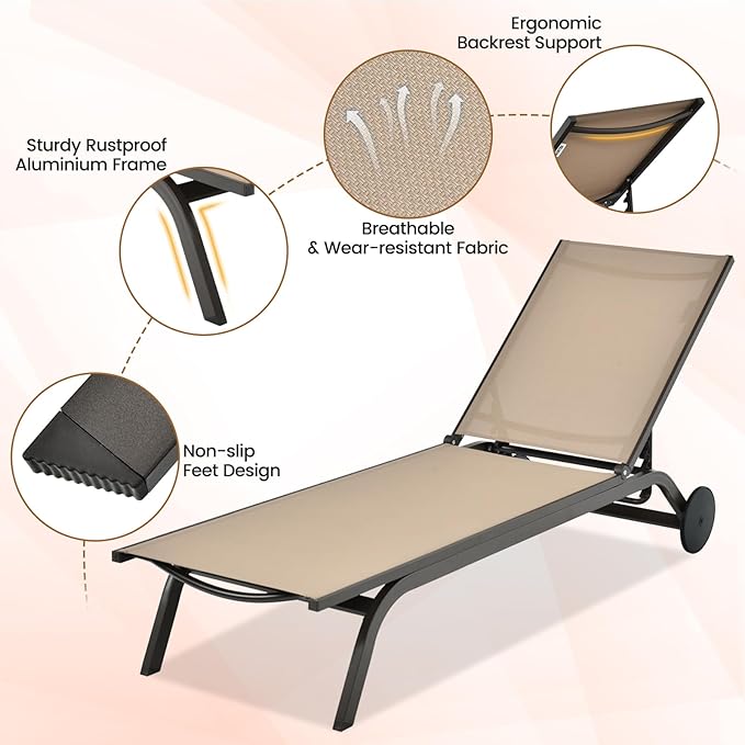 COSTWAY Outdoor Patio Chaise Lounge, 6-Position Adjustable Pool Lounger with Stable Aluminum Frame, Portable Sun Bathing Lounge Chair on Wheels for Backyard Garden, Brown