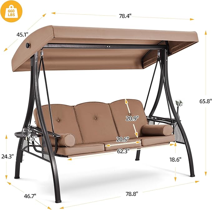 HOMREST 3 Seat Outdoor Porch Swing with 1.5" Deepened Cup Holder, Adjustable Canopy, Patio Swing Bed with Stand - Photo 7