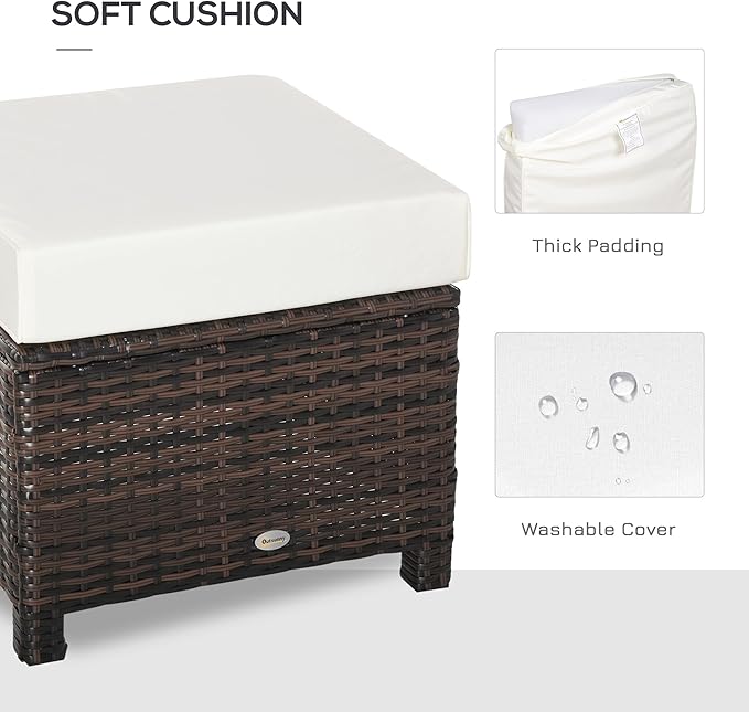 Outsunny 20" Patio Wicker Ottoman, Multipurpose Outdoor PE Rattan Footrest, Additional Seating, Side Table with Soft Cushion, Brown, White