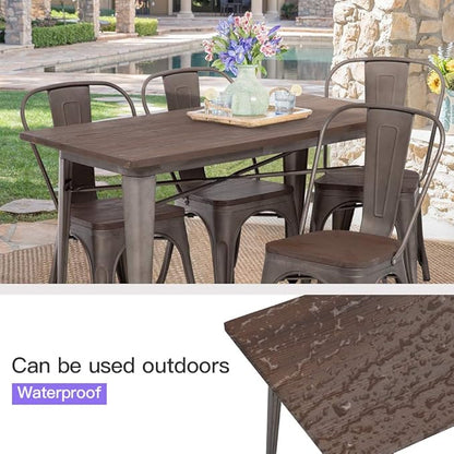 FDW Heavy Duty Outdoor Dining Table Metal Kitchen Table Metal Table Bar Coffee Table Home Restaurant Wood Top Table Patio Dining Table Indoor Outdoor Metal Base Table, Bronze (Rectangle)