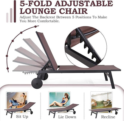 EROMMY Patio Chaise Lounge Chair Set of 2 with Wheels, Outdoor Lounge Chairs with Adjustable Backrest, Waterproof Poolside Lounge Chairs