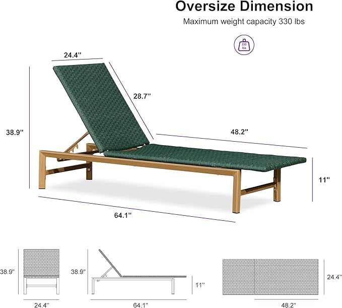 PURPLE LEAF Patio Chaise Lounge Chairs Outdoor Set of 2, Wicker Pool Lounge Chairs for Outside with Adjustable Backrest, Aluminum Sunbathing Lounger for Patio, Poolside, Garden, Green