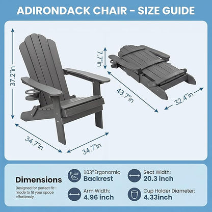 JEKO&JEKO Folding Adirondack Chairs Set of 2, All-Weather Outdoor Chair with Cup Holder, Plastic Adirondack Chair for Patio, Garden, Lawn, Porch, Deck, Backyard – Gray