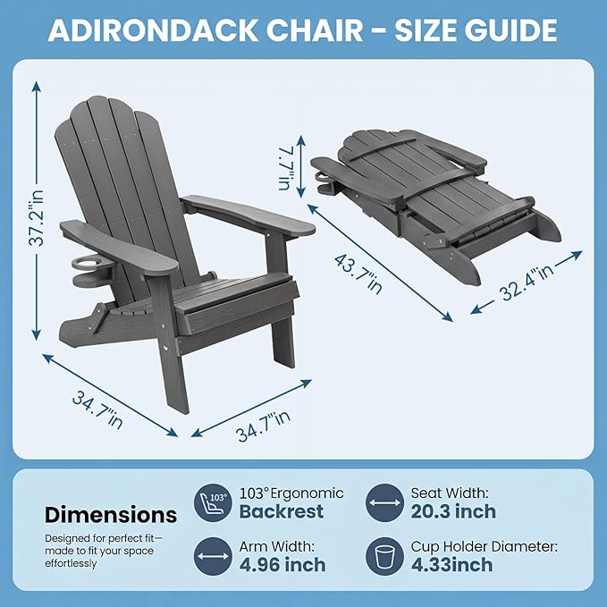 JEKO&JEKO Folding Adirondack Chairs Set of 4, All-Weather Outdoor Chair with Cup Holder, Plastic Adirondack Chair for Patio, Garden, Lawn, Porch, Deck, Backyard – Gray