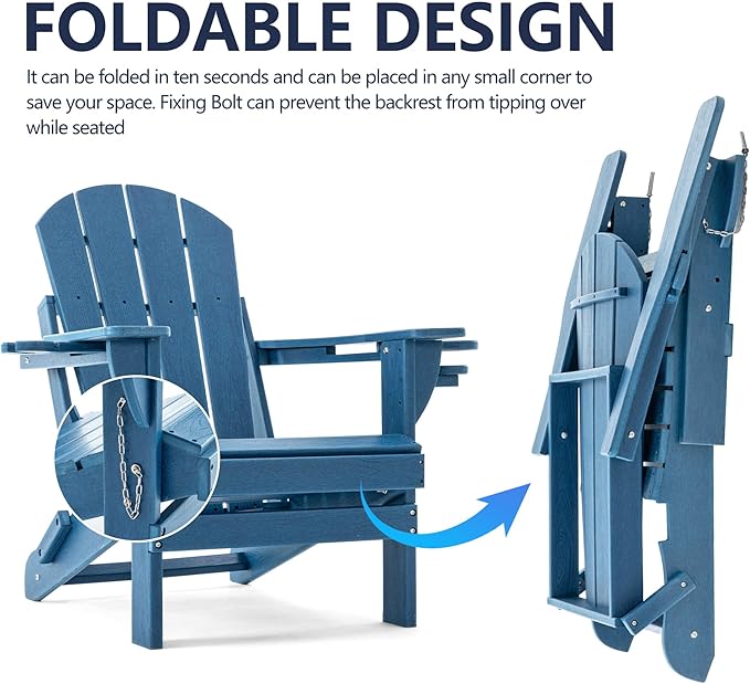 Folding Adirondack Chair, HDPE Outdoor Texture Lawn Chair with Reclining Back, Cup and Phone Holder - Comfortable Firepit Chair Weather Resistant for Patio or Backyard (Blue, Set of 4)