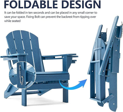 Folding Adirondack Chair, HDPE Outdoor Texture Lawn Chair with Reclining Back, Cup and Phone Holder - Comfortable Firepit Chair Weather Resistant for Patio or Backyard (Blue, Set of 4)