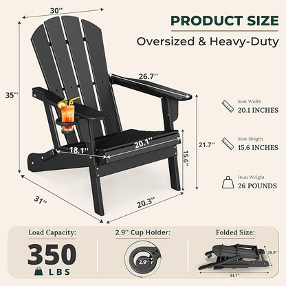 BRIOPAWS Folding-Adirondack-Chair | HDPE Plastic | Fire Pit Chairs | Cup Holder | Curved Back | All Weather | for Outdoor Backyard Deck Patio | Black