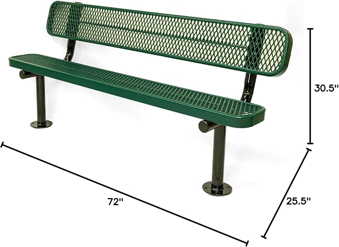 COATEDOUTDOORFURNITURE Coated Outdoor Furniture Heavy-Duty Outdoor Bench Thermoplastic Coated, Expanded Metal, Commercial-Grade Seating, Made in America (Surface with Back, 6 Ft, Textured Green)