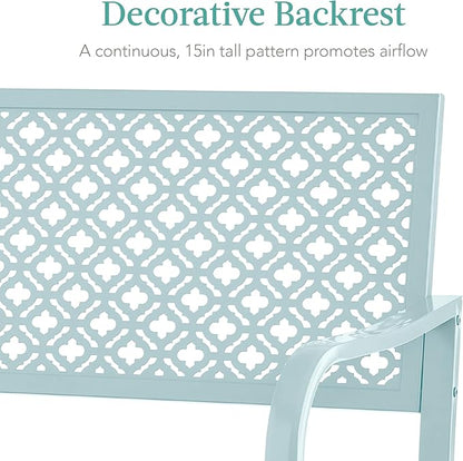 Best Choice Products Outdoor Bench 2-Person Metal Steel Benches Furniture for Garden, Patio, Porch, Entryway w/Geometric Backrest, 790lb Capacity - Sky Blue