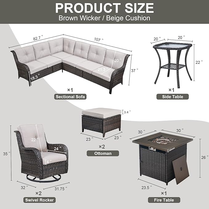 Belord Patio Furniture Set with Fire Pit Table, 8 Piece Wicker Outdoor Furniture Set - Photo 2