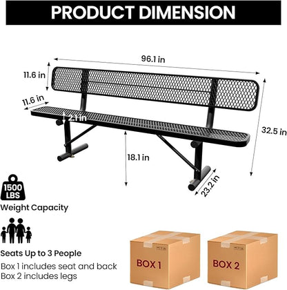 8 Feet Heavy Duty Metal Park Bench for Outside, Outdoor Bench with Backrest & Portable Frame, Commercial Benches for Shopping Malls, Stores, Parks, Patios, Decks, Black