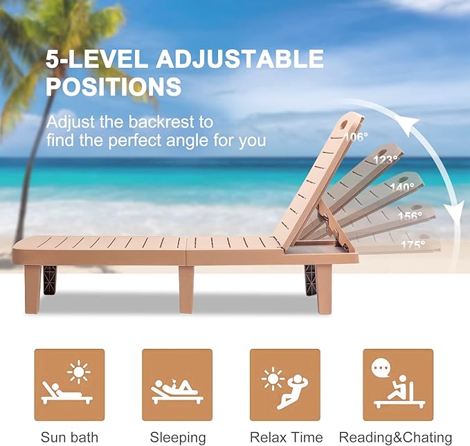 Outdoor Chaise Lounge Set of 4, Waterproof Resin Lounge Chairs for Outside w/Adjustable 5 Positions All Weather Recliner Chair for Patio, Poolside, Beach, Yard, Brown