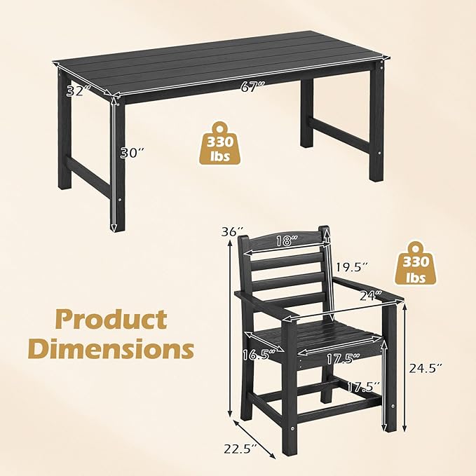 Tangkula 7 Pcs Outdoor Dining Table Set for 6, 67” HDPE Weather-Resistant Patio Rectangle Table & 6 Armchairs w/Curved Seat, Umbrella Hole, Wood Grain, Plastic Dining Furniture (Black, 7 Pcs)