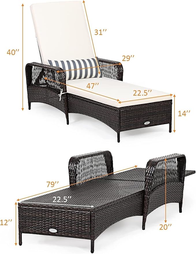HAPPYGRILL PE Rattan Lounge Chair Set of 2, Outdoor Recliner Patio Chaise Lounger with Extra Waist Pillow, Reclining Chair with 6 Adjustable Gears for Outdoor Beach Pool Backyard
