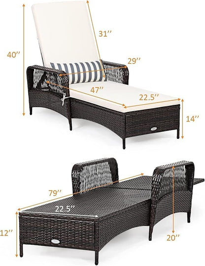 HAPPYGRILL PE Rattan Lounge Chair Set of 2, Outdoor Recliner Patio Chaise Lounger with Extra Waist Pillow, Reclining Chair with 6 Adjustable Gears for Outdoor Beach Pool Backyard