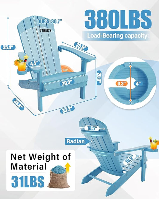 YEFU Adirondack Chairs with Cup Holders: Set of 6 Fire Pit Chairs Plastic with Wood Texture - Sturdy All-Weather HIPS for Patio Backyard Lawn - Easy Assembly Outdoor Furniture(Blue)