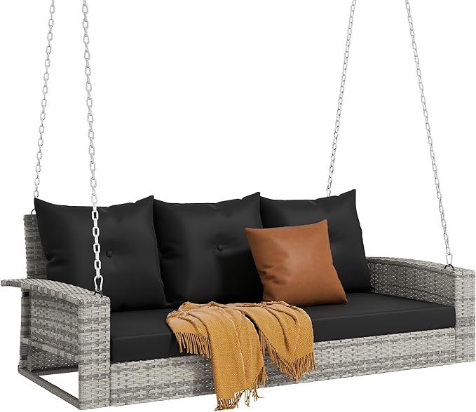 DWVO 3-Seats Wicker Hanging Porch Swing Chair Outdoor Gray Rattan Patio Swing Lounge 3 Back Cushions Capacity for Garden - Photo 8