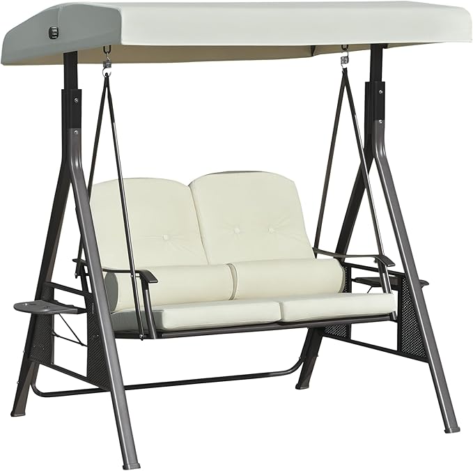 Outsunny 2-Person Patio Swing Bench with Adjustable Shade Canopy, Soft Cushions, Throw Pillows and Tray, Beige.