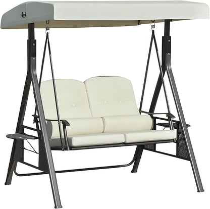 Outsunny 2-Person Patio Swing Bench with Adjustable Shade Canopy, Soft Cushions, Throw Pillows and Tray, Beige.