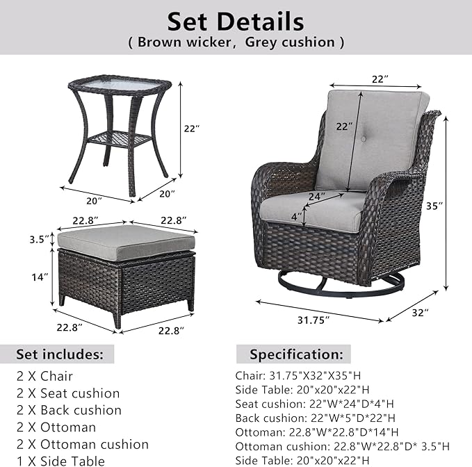 Belord 5 Piece Wicker Patio Furniture Set, Outdoor Swivel Rocker Chairs Set of 2 with Ottomans and Side Table - Photo 8