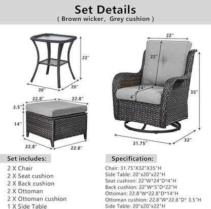 Belord 5 Piece Wicker Patio Furniture Set, Outdoor Swivel Rocker Chairs Set of 2 with Ottomans and Side Table, All Weather Patio Conversation Furniture Set, for Porch Pool, Brown Wicker/Gray