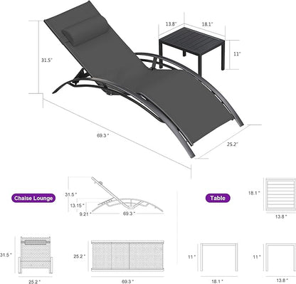PURPLE LEAF Patio Chaise Lounge Chair Set with 2 Side Table Outdoor Pool Adjustable Recliner Chairs for Outside Beach Poolside Sunbathing Tanning Lounger