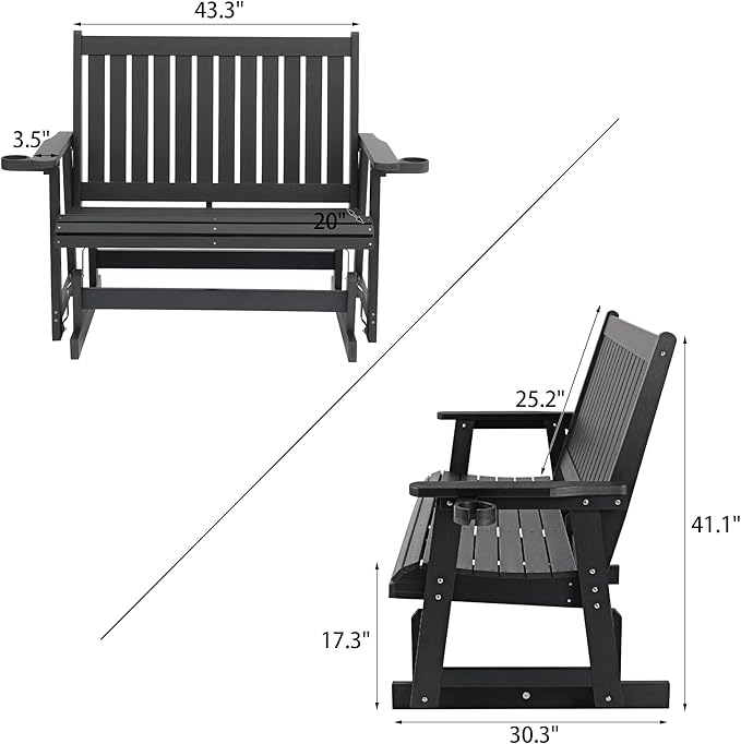 HIPS Patio Glider Two-Seat with Cup Holders, Durable HIPS Material, All-Weather Resistant, High Backrest and Deep Contoured Seat, Heavy Duty 900 LB, for Outdoor, Porch, Patio (Vanta Black)
