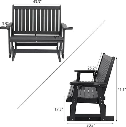 HIPS Patio Glider Two-Seat with Cup Holders, Durable HIPS Material, All-Weather Resistant, High Backrest and Deep Contoured Seat, Heavy Duty 900 LB, for Outdoor, Porch, Patio (Vanta Black)