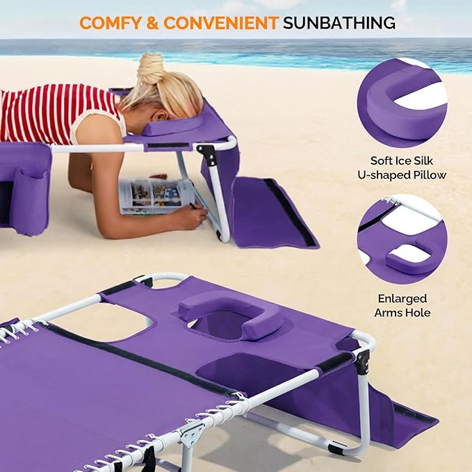VINGLI Oversized Tanning Chair with Face Hole & Carrying Bag, Beach Lounge Chair Outdoor for Adults - Photo 4