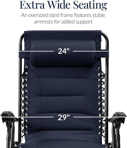Best Choice Products Oversized Padded Zero Gravity Chair, Folding Outdoor Patio Recliner, XL Anti Gravity Lounger for Backyard w/Headrest, Cup Holder, Side Tray, Polyester Mesh - Navy Blue