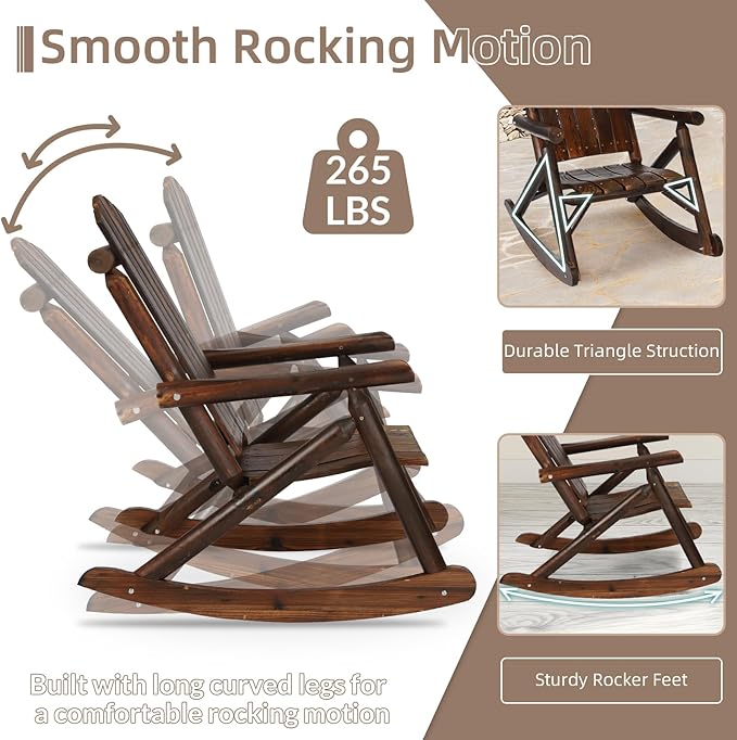 5-Piece Outdoor Wood Rocking Bistro Set, Rustic Wooden Conversation Set Including 2-Seater Loveseat, 2 Coffee Table, 2 Log Rocker Chair, Patio Furniture Chair Set for Lawn Yard, Carbonized