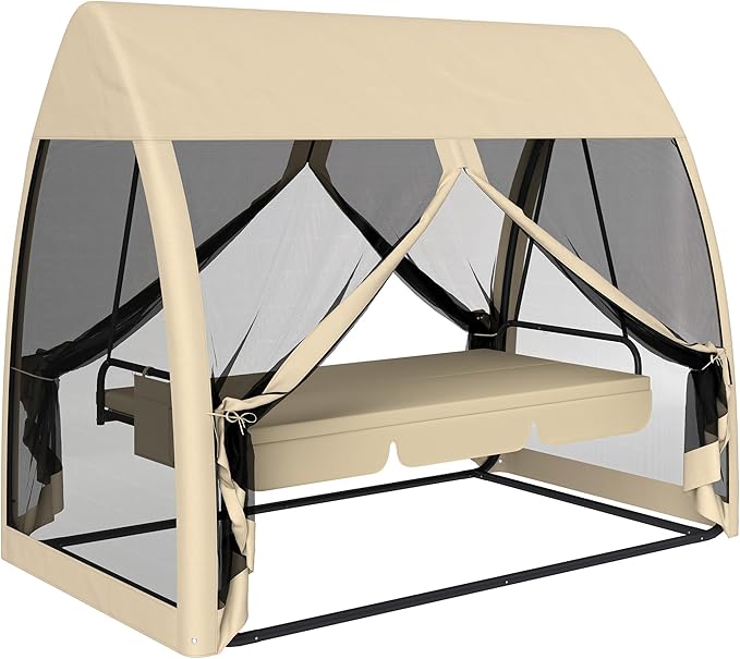 Outsunny 3-Seat Patio Swing Chair, Porch Swing Bed with Convertible Backrest, Cushion, Canopy - Photo 1