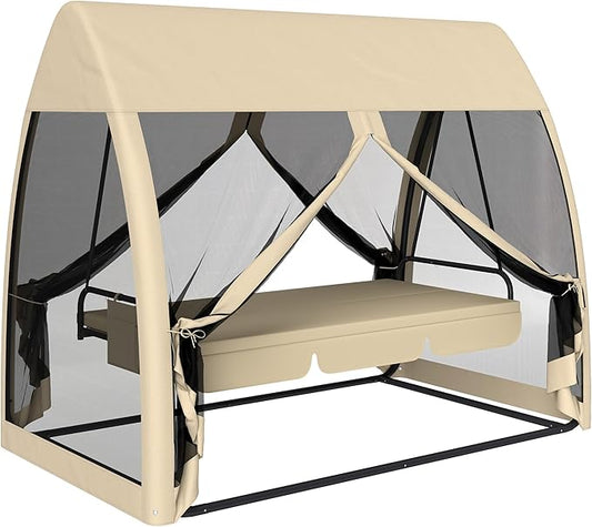 Outsunny 3-Seat Patio Swing Chair, Porch Swing Bed with Convertible Backrest, Cushion, Canopy, Side Pocket and Mesh Netting for Patio, Garden, Backyard, Coffee