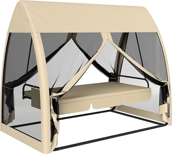 Outsunny 3-Seat Patio Swing Chair, Porch Swing Bed with Convertible Backrest, Cushion, Canopy - Photo 1