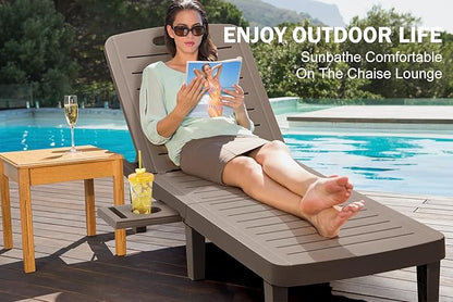 Outdoor Chaise Lounge Set of 2, Waterproof Resin Lounge Chairs for Outside w/Adjustable 5 Positions All Weather Recliner Chair for Patio, Poolside, Beach, Taupe