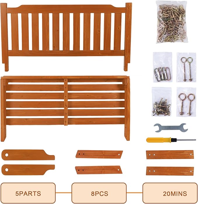 Wooden Porch Swing 2-Seater, Bench Swing with Hanging Chains, Heavy Duty 800 LBS, for Outdoor Patio Garden Yard - Photo 7
