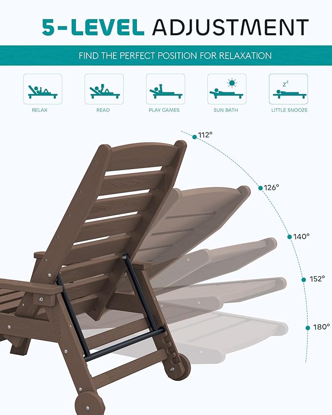 SERWALL Patio Chaise Lounge Chair Set of 2, 78'' Long 5-Positions Adjustable HDPE Outdoor Lounger for Pool - Photo 4