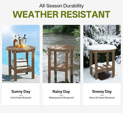 Outdoor Side Table Round - Patio Side Tables - HDPE Small Outdoor End Table for Backyard Pool Porch Balcony - Double Layer Storage - Light Brown (Wood Grain Finish)
