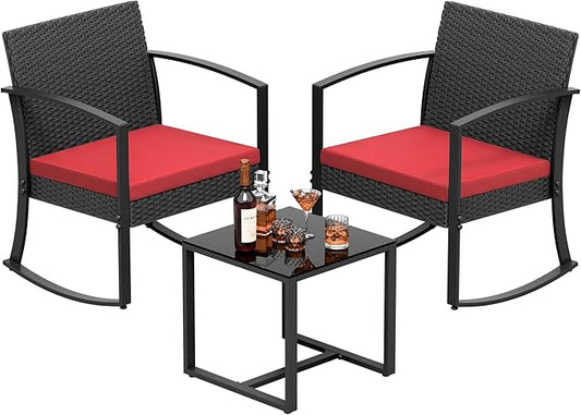 Greesum 3 Piece Patio Furniture Set, All-Weather Imitation Rattan Conversation Set, Outdoor Rocking Chair Bistro Set with Glass Top Coffee Table for Pool, Deck, Porch, Garden or Balcony, Red