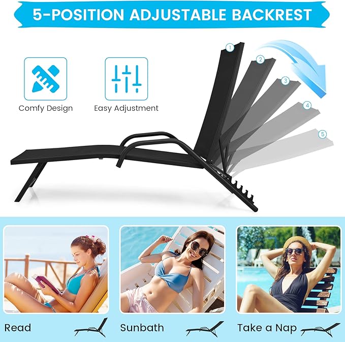 Tangkula Outdoor Patio Chaise Lounge Chairs, Reclining Lounge Chairs with 5-Position Adjustable Backrest & Breathable Fabric, Outdoor Recliner Chairs for Lawn, Poolside & Backyard, Set of 2 (2, Black)
