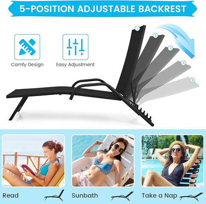 Tangkula Outdoor Patio Chaise Lounge Chairs, Reclining Lounge Chairs with 5-Position Adjustable Backrest & Breathable Fabric, Outdoor Recliner Chairs for Lawn, Poolside & Backyard, Set of 2 (2, Black)
