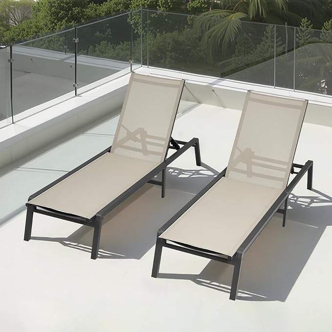 VEVOR Outdoor Chaise Lounge Chair, 400 lbs Weight Capacity, Foldable Sun Tanning Chair, 5 Adjustable Positions, Easy Assembly, Heavy Duty Aluminum Pool Recliner Lounge Chairs, for Beach Yard Patio